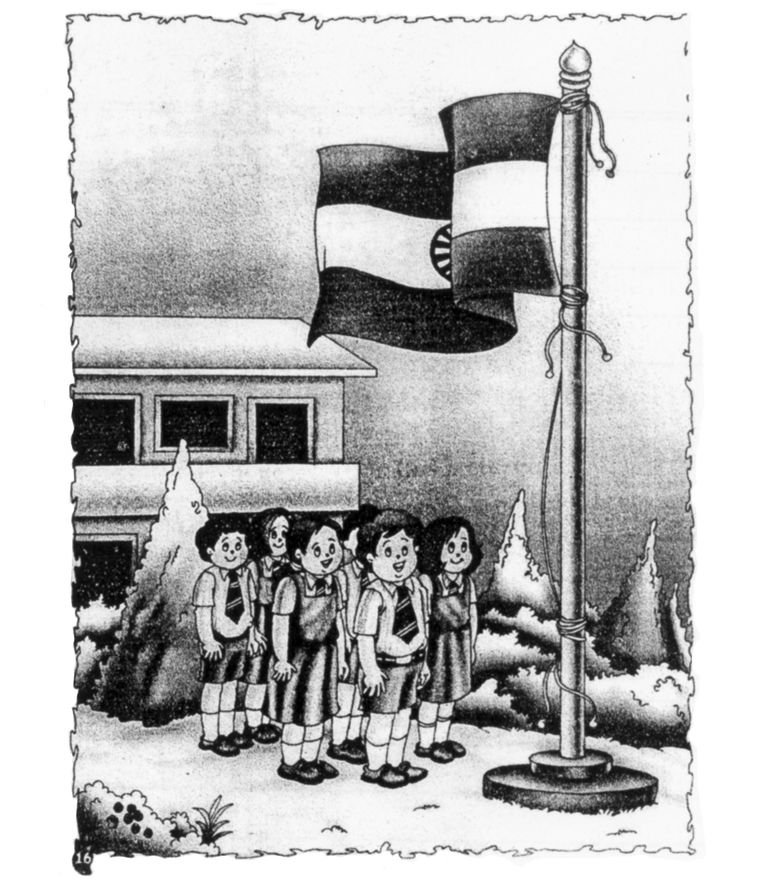 School children stand in a line near a flag post. The national flag is flying.