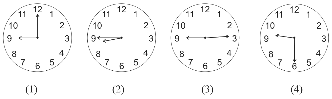 Four clocks. (1) 9 o’clock. (2) the long hand at 9 and the short hand just before 9. (3) the long hand at 3 and the short hand at 9. (4) the long hand at 6 and the short hand near 9.