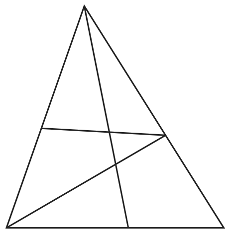 A big triangle. A line from the top vertex meets the base. A line crosses the two sides. A line from the bottom left vertex meets the right side.