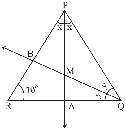 त्रिकोण PQR; P व Q चे दुभाजक M मध्ये छेदतात; &ang;R = 70&deg;.