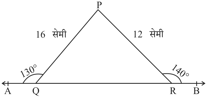 रेषा AB वर त्रिकोण PQR; Q जवळ 130&deg; व R जवळ 140&deg; बाह्यकोन.